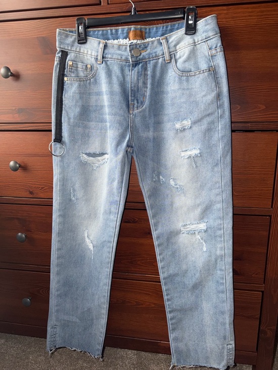 POL Pants - POL Distressed Denim Straight Leg Jeans with Crochet Trim & Black Side Strap